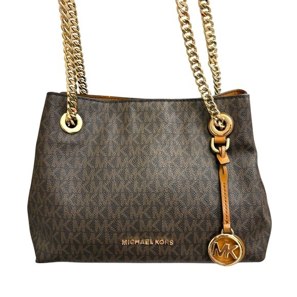 Michael Kors Rare Signature Ml Brown Small “Medium” Jet Set Chain Messenger Bag